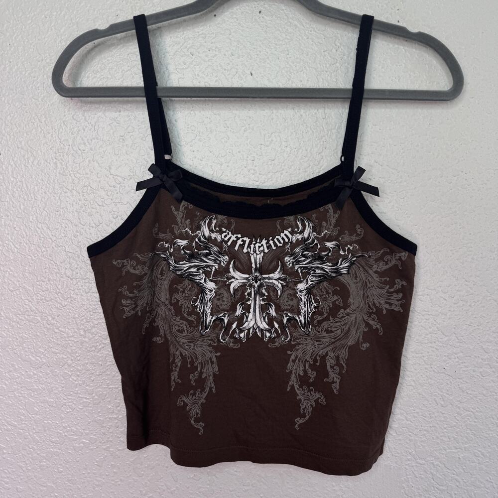 Affliction Tank Top Womens Small Brown Graphic Cami Lace Trim Rock Y2K NEW